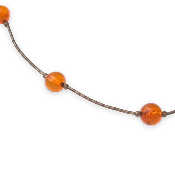 Vintage Baltic Amber Bead Sterling Silver Necklace Liquid Silver Chain - Picture 3 of 5